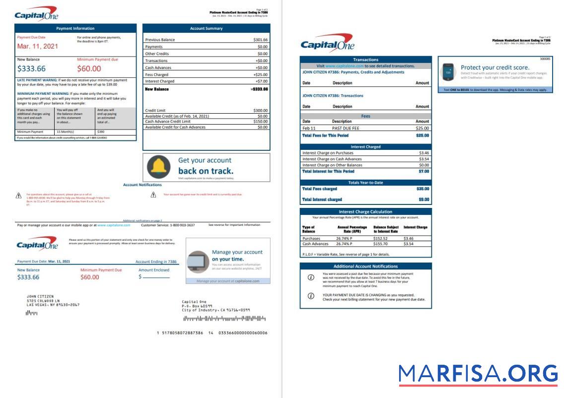 Printable USA Capital One bank statement word (2 pages) version 3 download for verification